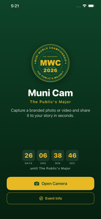 Muni Cam home screen with the countdown to The Public's Major